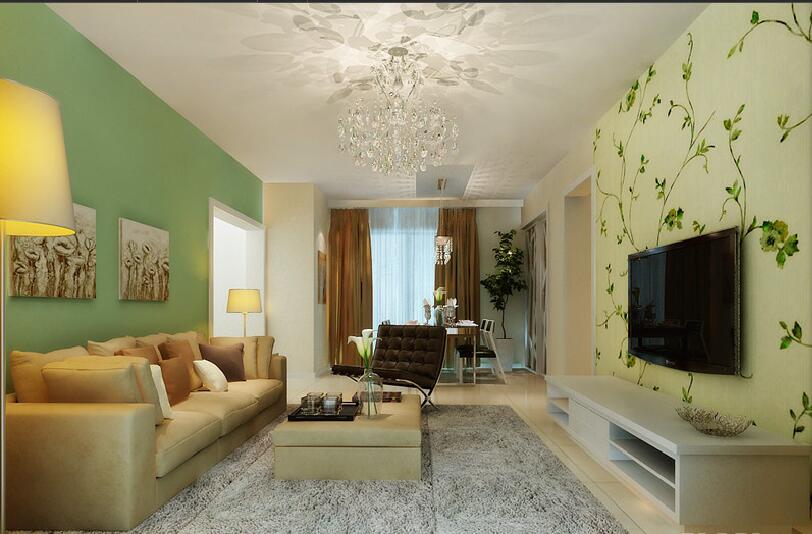 鄂州阳光香榭绿色墙壁树叶壁纸电视墙散光水晶吊灯客厅地毯效果图